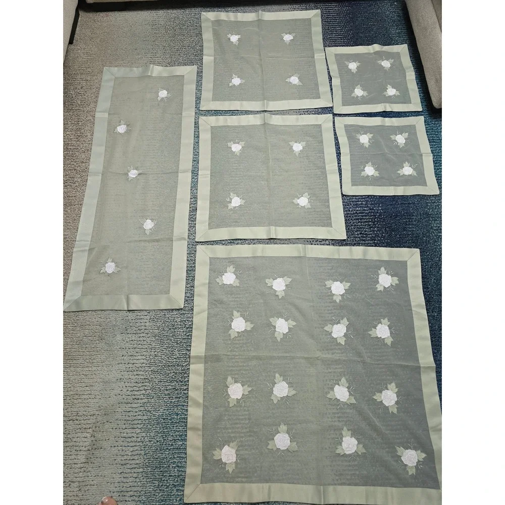 Sage Green Sheer Organza Table‎ Linen Set 7pc White Rose Embroidered Overlay